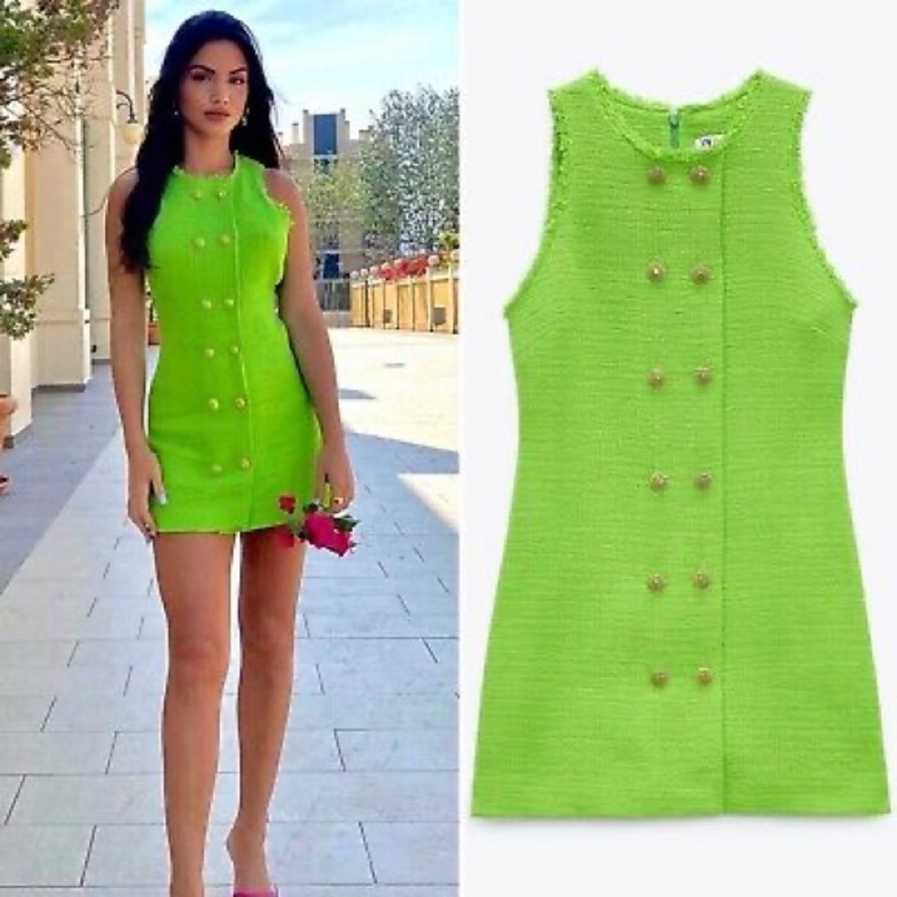 ZARA TEXTURED DRESS NEON GREEN BUTTONS XS Bloggers - Picture 2 of 16